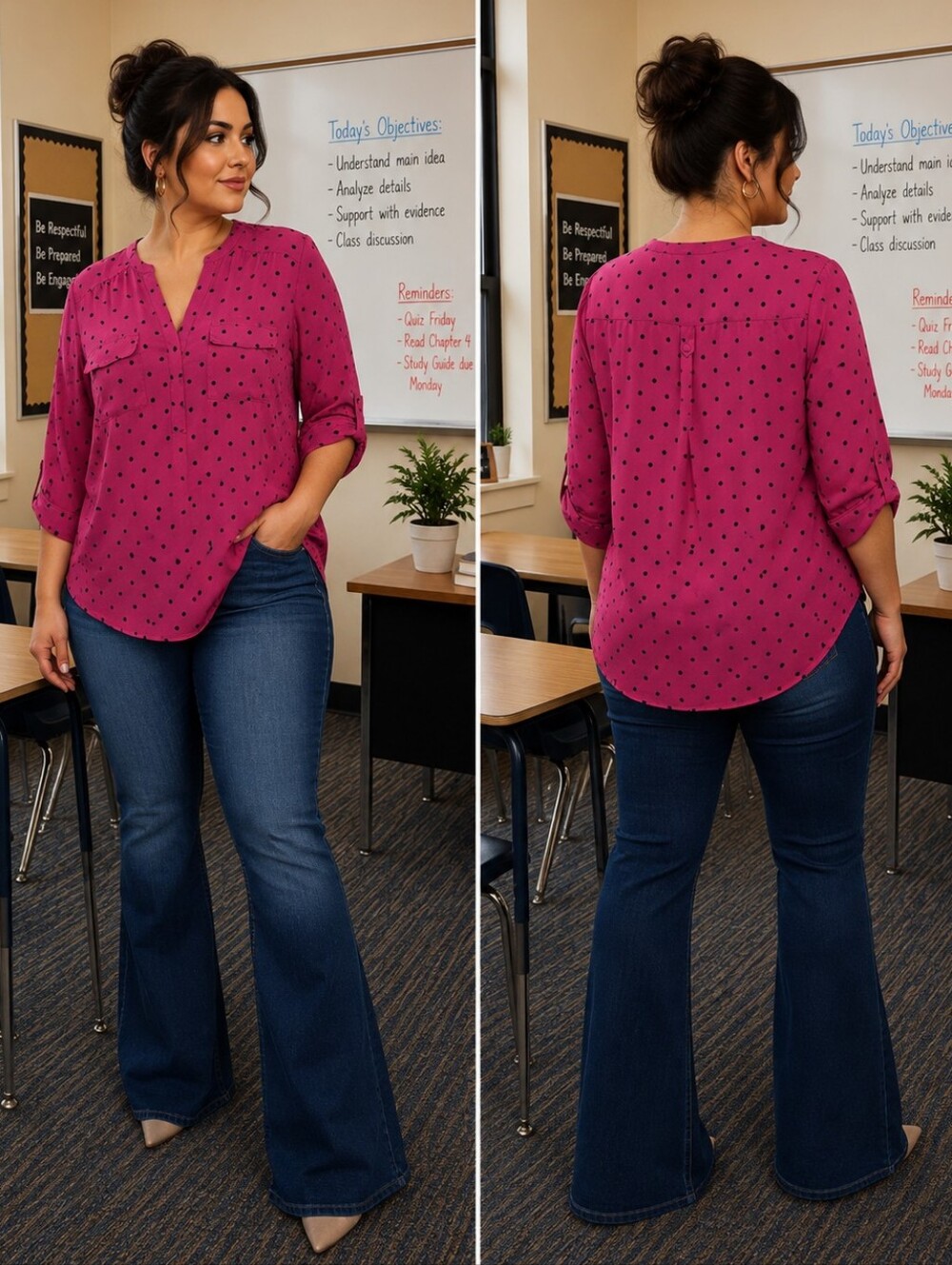torrid Plum Polka Dot Roll-Tab Split-Neck Blouse